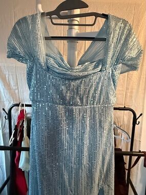 Sky Blue Sequin Evening Gown with Side Slit